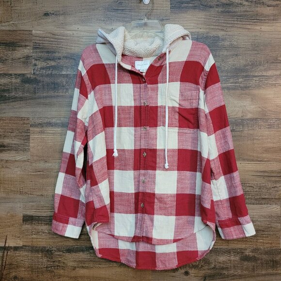 American Eagle Buffalo Plaid Hoodie M Hi Low Hem Pocket Front Gorpcore - Picture 1 of 9